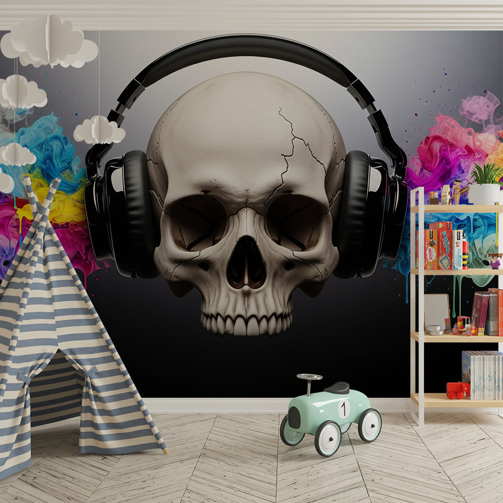 Kids-Mundo skull and headphones wall mural bringing bold colour to a games playroom