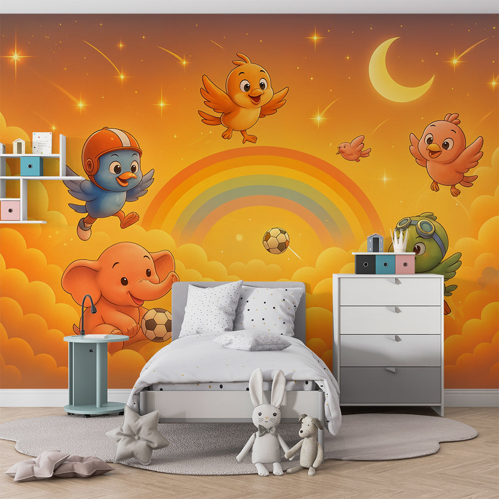 Magical night sky wallpaper creating dreamy atmosphere in children's bedroom decor