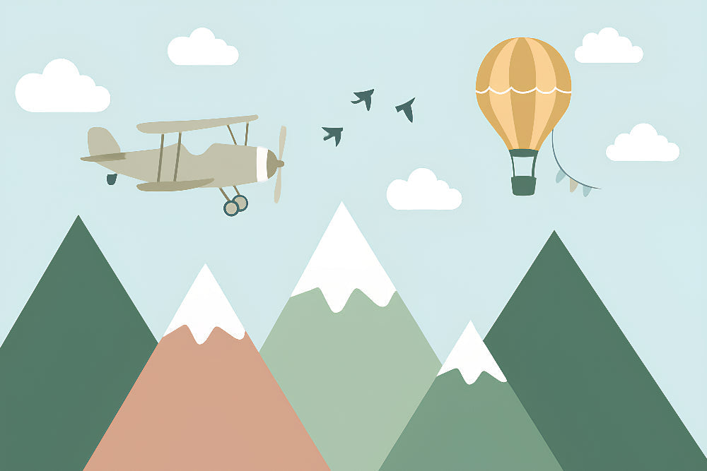 Detailed sky adventure mural wallpaper design pattern with airplane and hot air balloon by Kids-Mundo