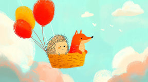 Detailed sky adventure mural wallpaper design pattern with hedgehog fox hot air balloons by Kids-Mundo