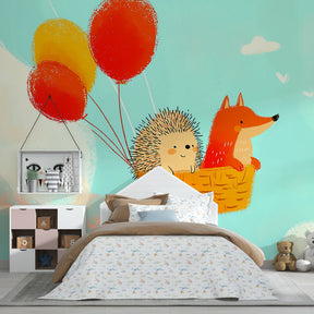Hot air balloon animal wallpaper creating dreamy atmosphere in children's bedroom decor