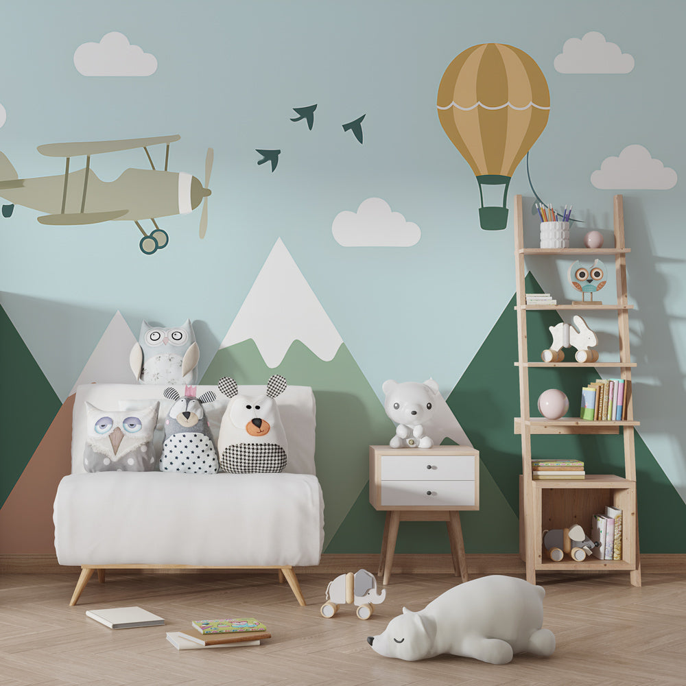 Vintage airplane and balloon wallpaper transforming modern kids room into adventure space