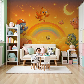 Sky adventure mural wallpaper with rainbow and animals in modern nursery by Kids-Mundo