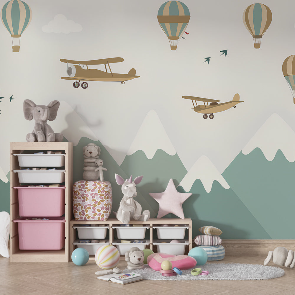 Hot air balloon and airplane wallpaper transforming kids playroom into adventure zone