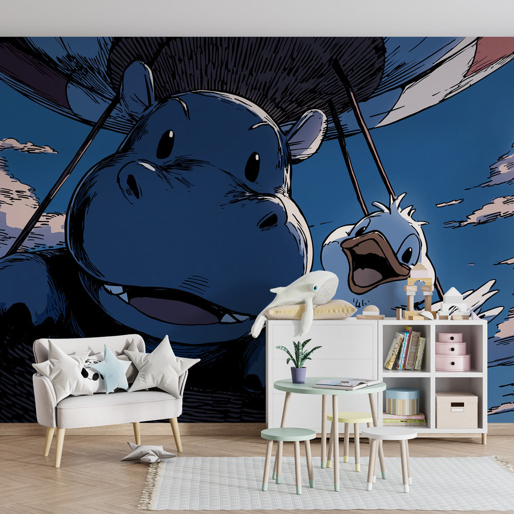 Whimsical hippo duck sky adventure wallpaper transforming kids playroom into magical space