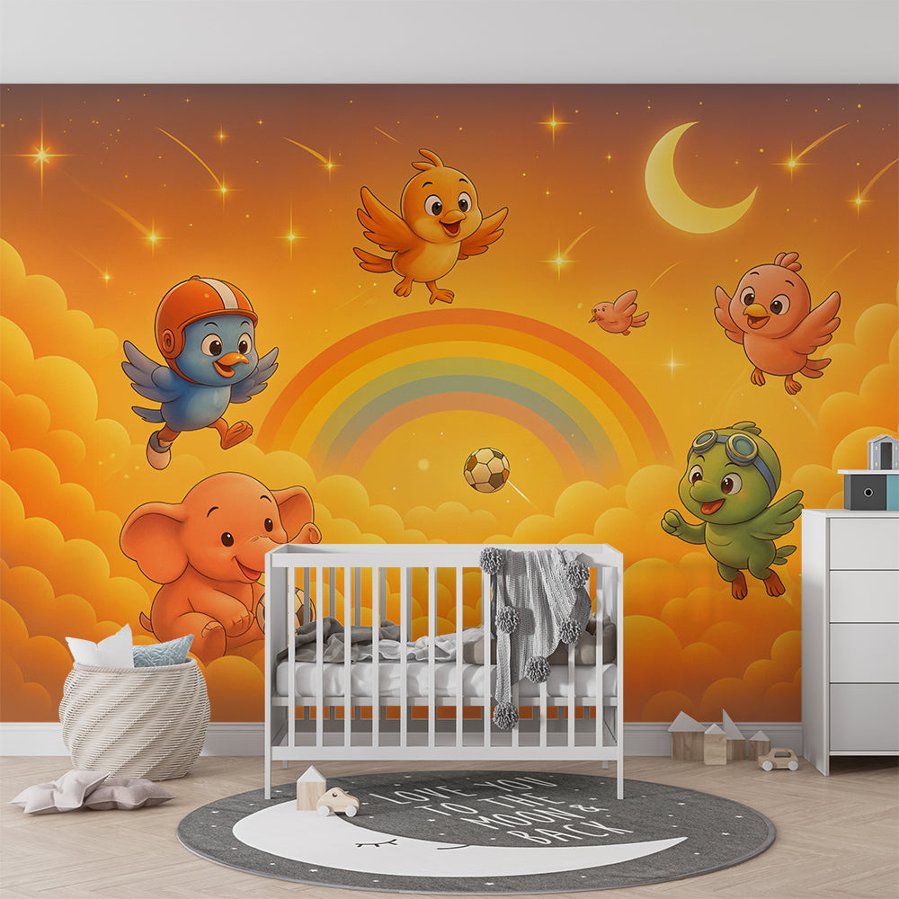 Rainbow animal wallpaper transforming kids playroom with starry night adventure theme