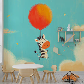 Sky adventure zebra mural wallpaper transforming children's room into magical cloudscape