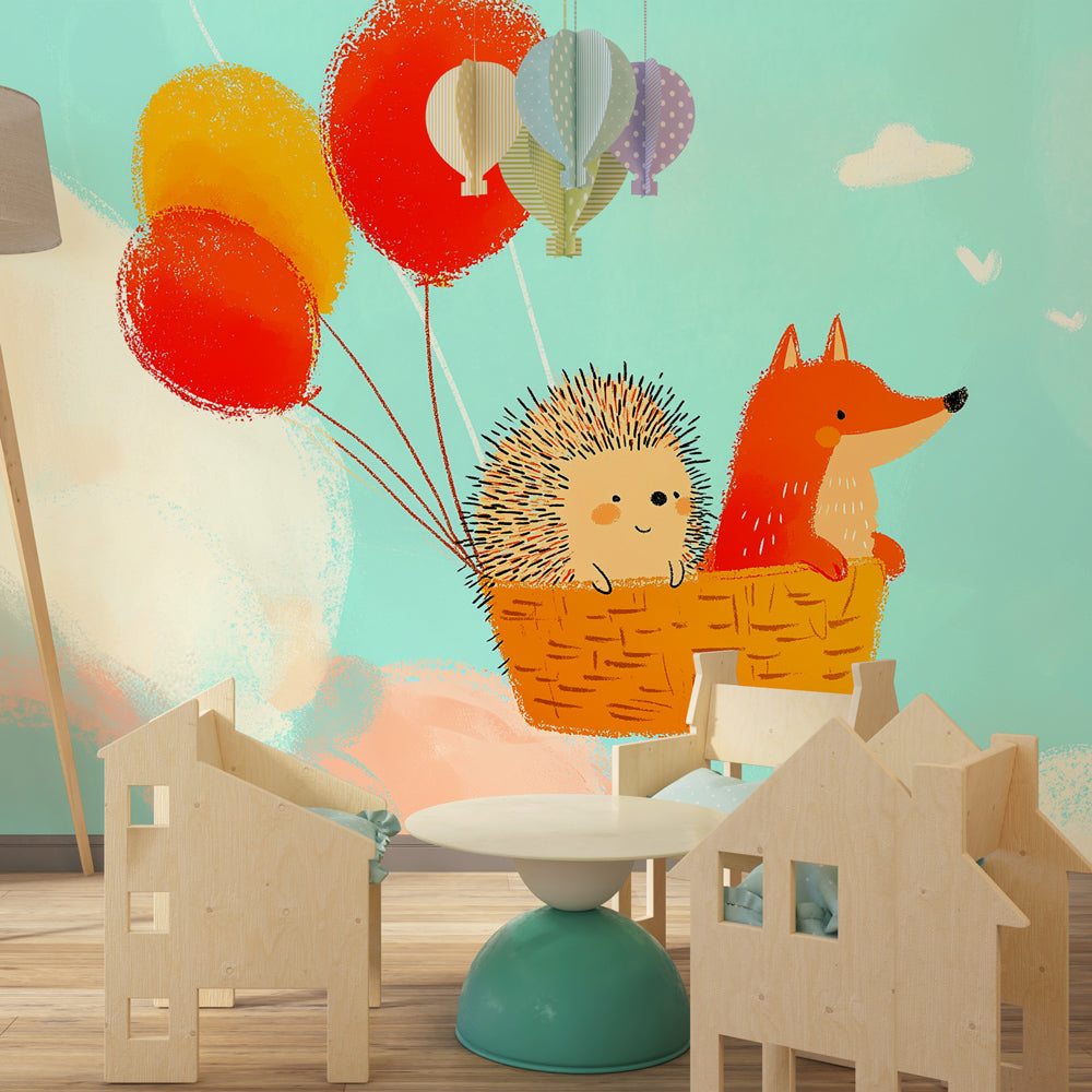 Hedgehog fox balloon wallpaper transforming toddler room into magical sky adventure space