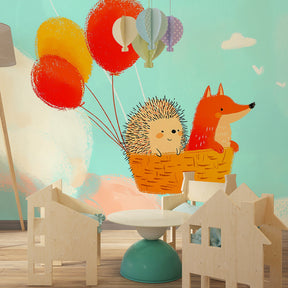 Hedgehog fox balloon wallpaper transforming toddler room into magical sky adventure space