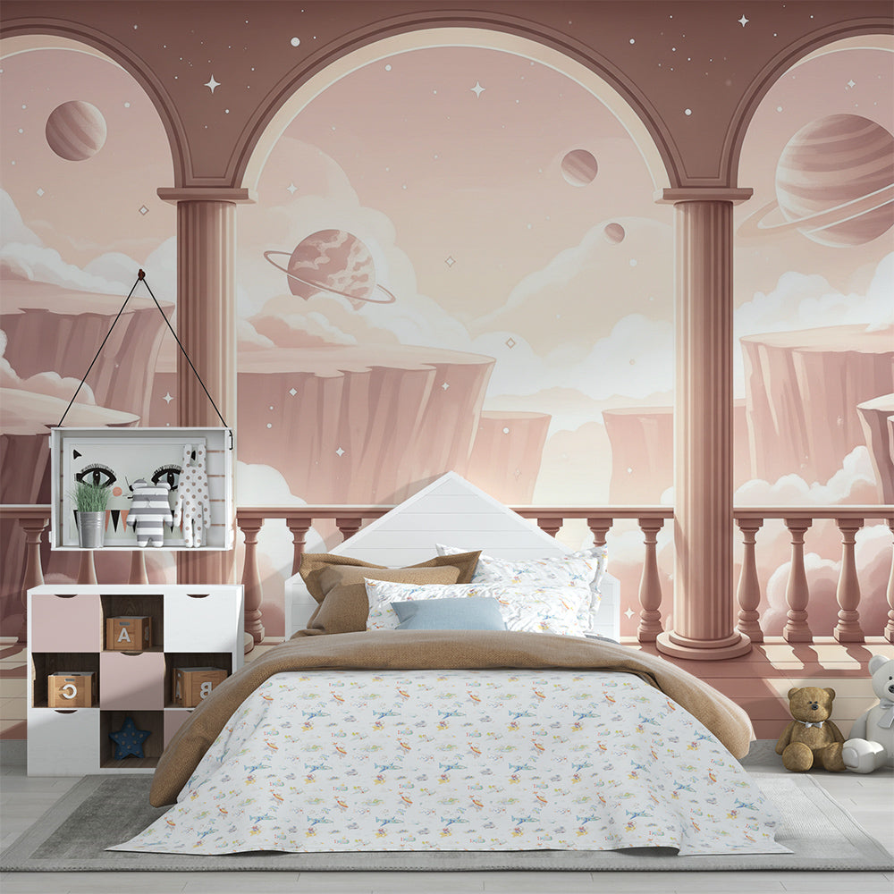 Sky balcony wall mural from Kids-Mundo shown along one wall of a bright, airy playroom
