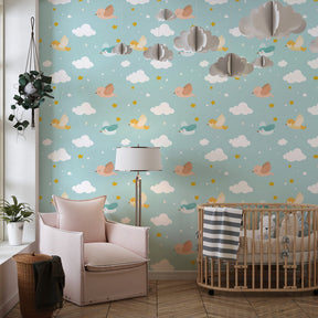 Children's bedroom featuring sky birds wallpaper with fluffy clouds and cheerful bird characters