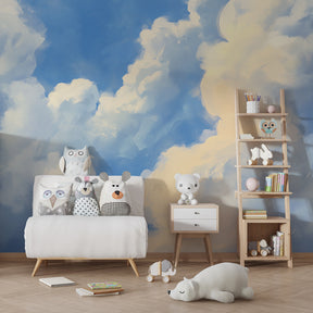 Blue sky cloud wallpaper transforming children's bedroom into peaceful retreat with soft lighting