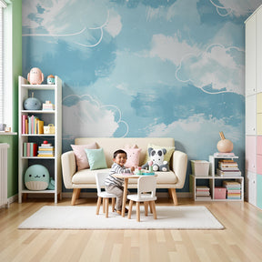Watercolor clouds mural wallpaper creating serene blue nursery atmosphere by Kids-Mundo