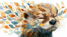 Detailed sleeping animal mural wallpaper design pattern with floating colorful leaves by Kids-Mundo