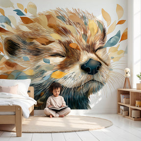 Sleeping animal mural wallpaper with colorful leaves in cozy nursery room by Kids-Mundo