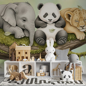 Tranquil kids bedroom featuring sleeping animals wallpaper with elephant, panda and lion on branch