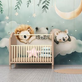 Dreamy cloud animals wallpaper creating peaceful atmosphere in children's bedroom