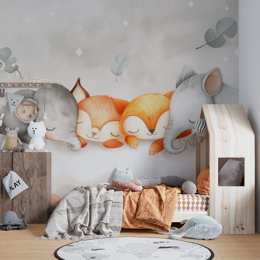 Cloud and animals wallpaper creating cozy kids bedroom atmosphere with wooden furniture