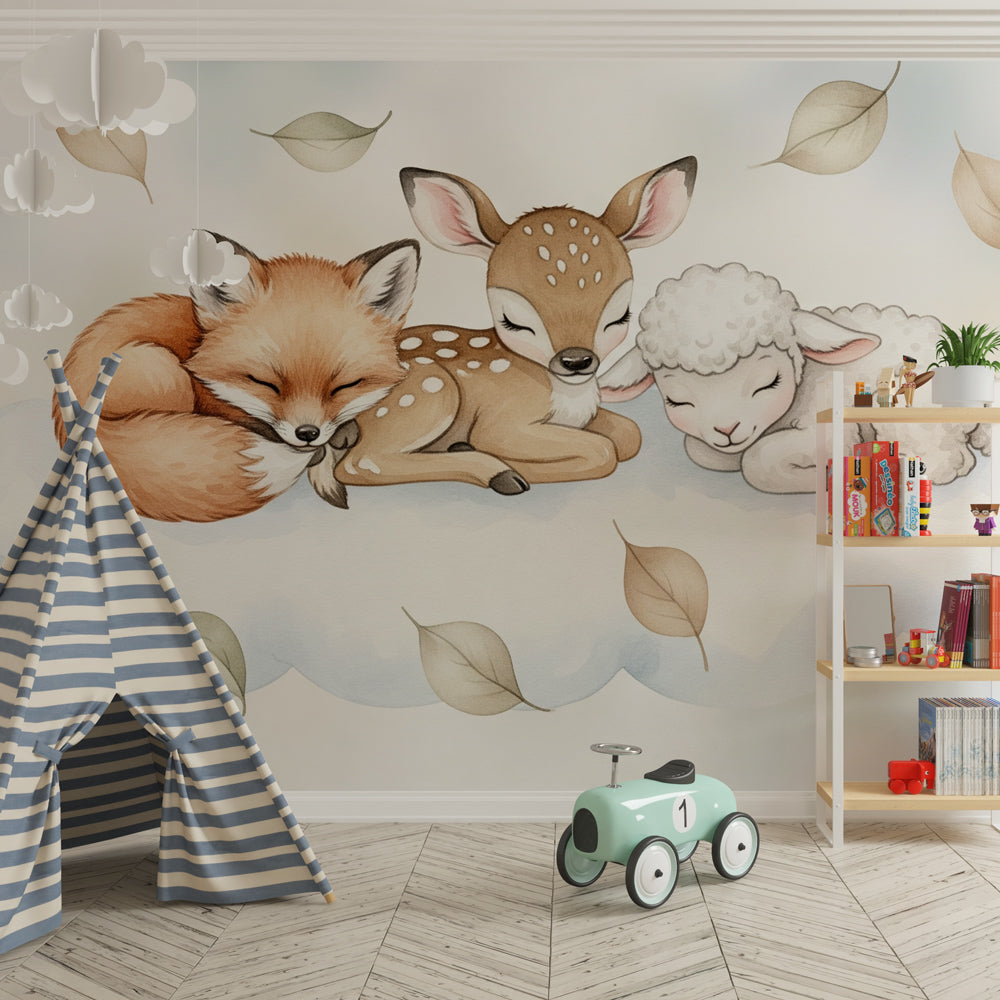 Cloud nursery wallpaper featuring sleeping fox fawn and lamb in cozy baby room