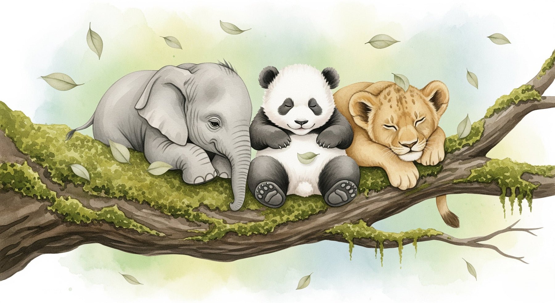 Detailed sleeping animals mural wallpaper design pattern showing elephant, panda and lion on branch by Kids-Mundo