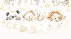 Detailed sleeping animals cloud mural wallpaper design pattern with golden stars by Kids-Mundo