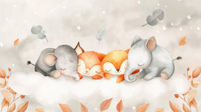 Detailed sleeping animals on cloud mural wallpaper design pattern with stars and leaves by Kids-Mundo