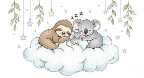 Detailed sleeping animals mural wallpaper design pattern showing sloth koala mouse on cloud by Kids-Mundo