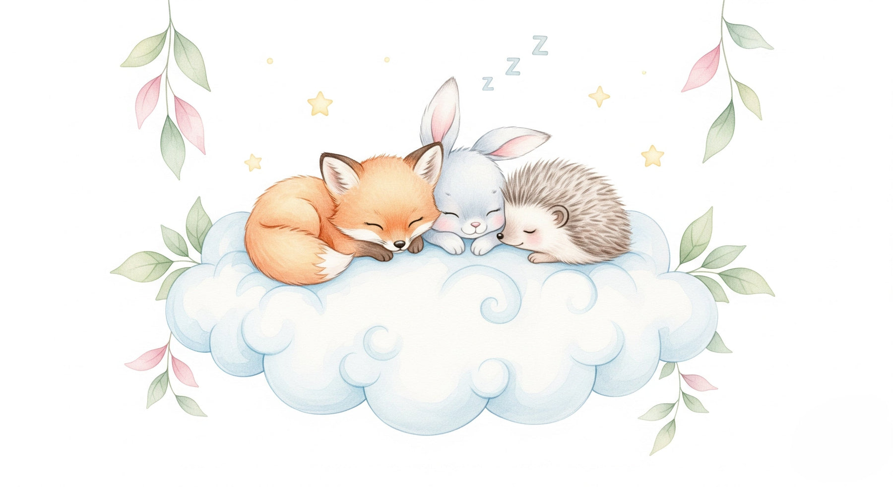 Detailed sleeping animals on cloud mural wallpaper design pattern with fox rabbit hedgehog by Kids-Mundo