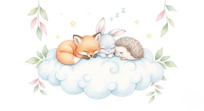 Detailed sleeping animals on cloud mural wallpaper design pattern with fox rabbit hedgehog by Kids-Mundo