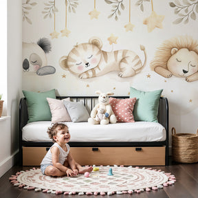Sleeping animals cloud mural wallpaper in peaceful nursery setting by Kids-Mundo