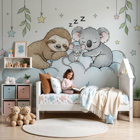 Sleeping animals mural wallpaper in peaceful nursery setting with natural wood crib by Kids-Mundo