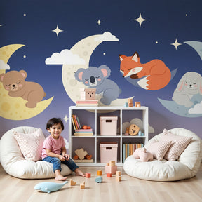 Sleeping animals mural wallpaper in modern nursery with bear and koala on moon design by Kids-Mundo