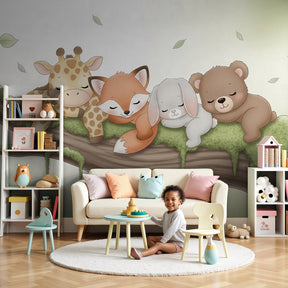 Sleeping animals mural wallpaper in peaceful nursery with wooden crib by Kids-Mundo