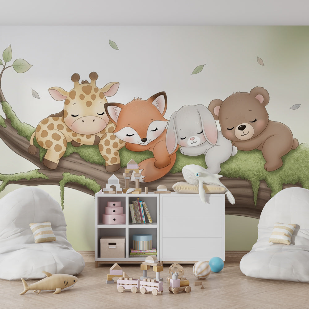Branch sleeping animals wallpaper with natural wood furniture in children's room