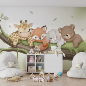 Branch sleeping animals wallpaper with natural wood furniture in children's room