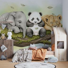 Peaceful children's room showcasing sleeping animals mural wallpaper with soft cotton textiles