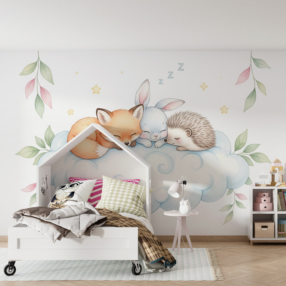 Peaceful forest animals on cloud mural wallpaper for calming toddler bedroom by Kids-Mundo