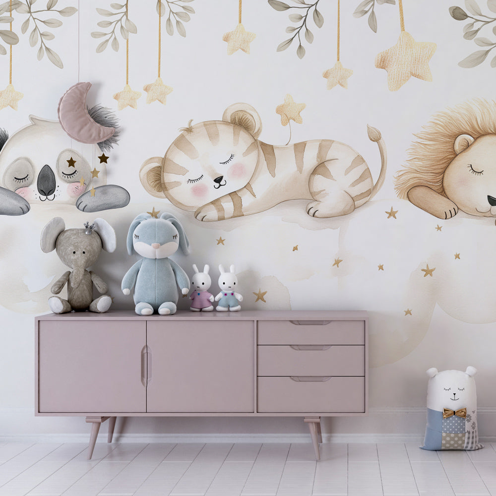 Dreamy animal cloud wallpaper transforming toddler room into peaceful sleep sanctuary