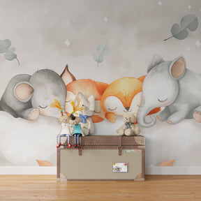 Dreamy animal cloud wallpaper transforming toddler room into magical sleeping sanctuary