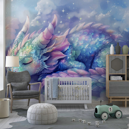 Kids-Mundo sleeping dragon wall mural with shimmering scales shown in a kids' bedroom