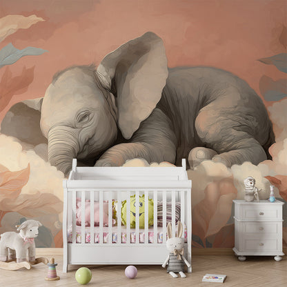 Kids-Mundo baby elephant cloud wall mural covering a feature wall in a child's bedroom.