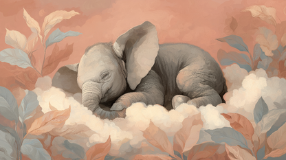 Kids-Mundo flat artwork of a sleeping baby elephant curled up on clouds among dusty pink and blue leaves.