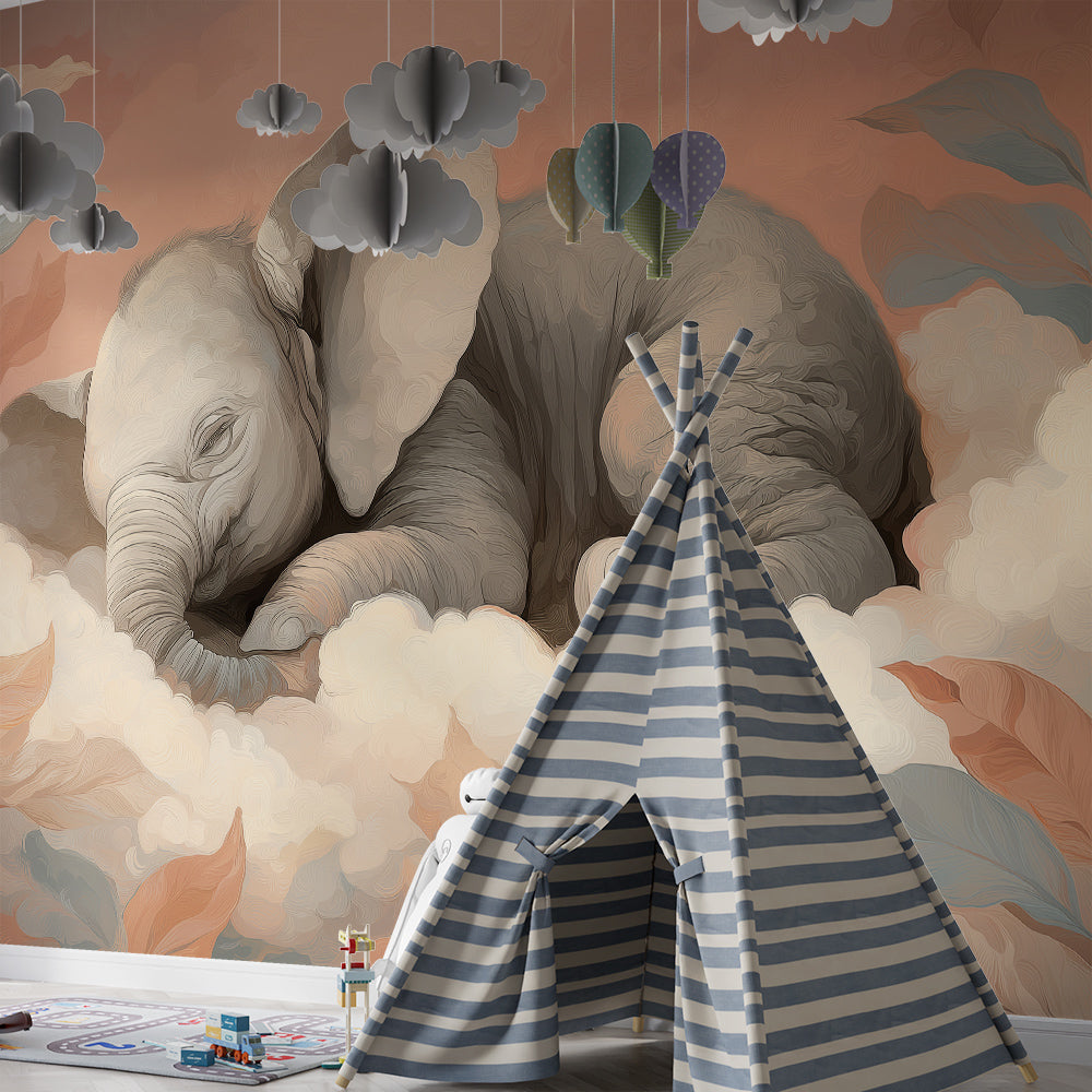 Kids-Mundo sleeping elephant wall mural installed as a soft feature wall in a playroom corner.