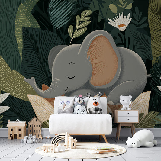 Kids-Mundo baby elephant jungle mural covering a feature wall in a child's bedroom
