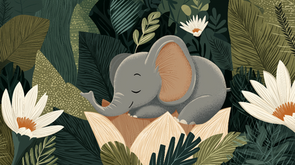 Kids-Mundo flat artwork of a sleeping baby elephant nestled among jungle petals