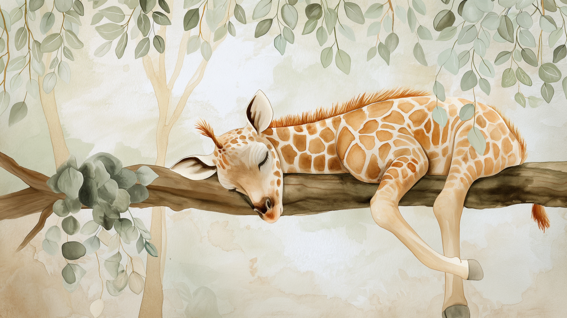 Kids-Mundo flat artwork of the sleeping baby giraffe watercolour wall mural design