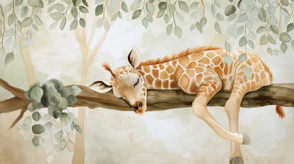 Kids-Mundo flat artwork of the sleeping baby giraffe watercolour wall mural design