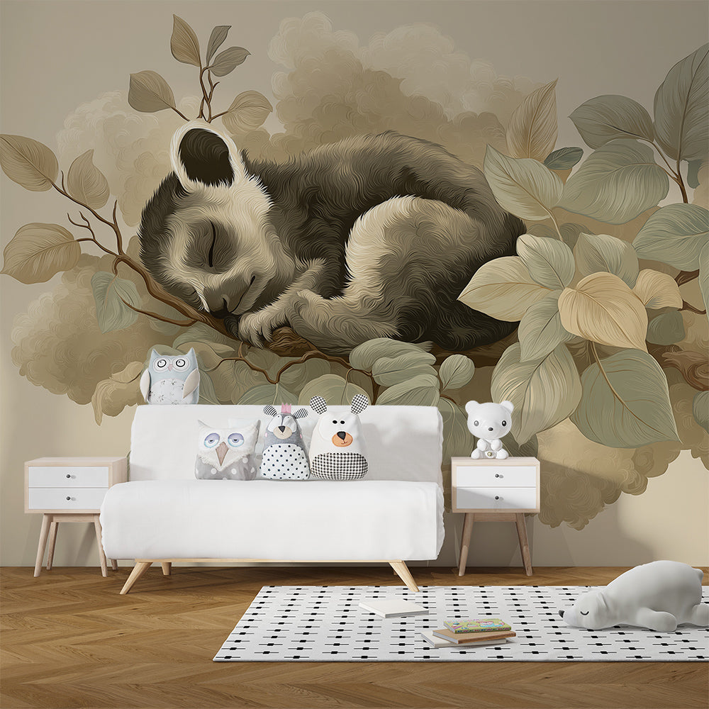Kids-Mundo panda wall mural with soft leaves shown in a calm children's bedroom