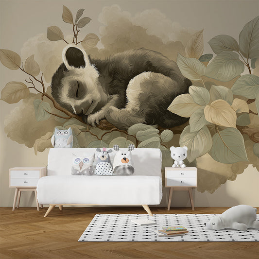 Kids-Mundo panda wall mural with soft leaves shown in a calm children's bedroom