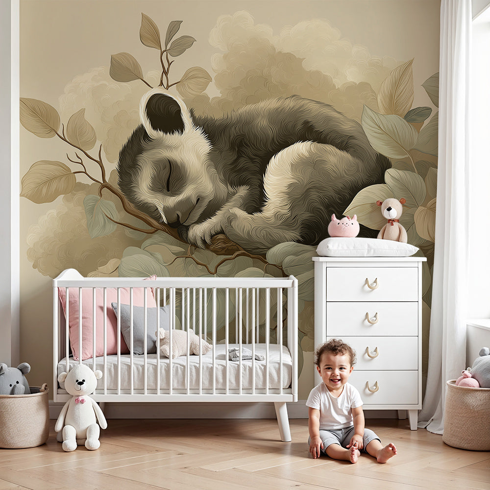 Kids-Mundo sleeping baby panda wall mural shown above a cot in a soft nursery room